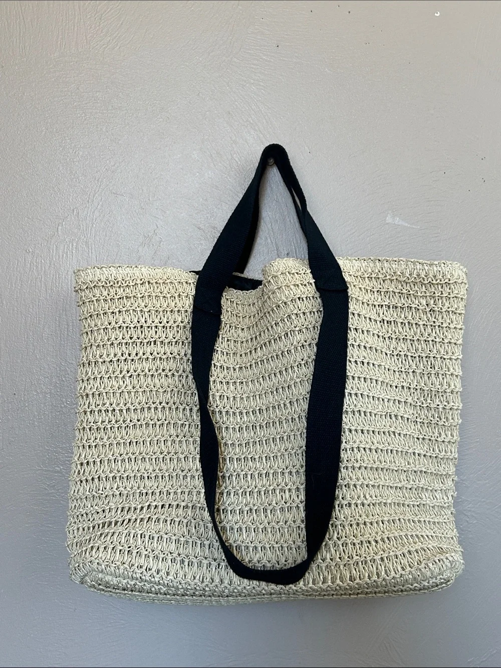 Divided Woven Straw Tote Bag with Black Straps - Neutral Color. NWOT.